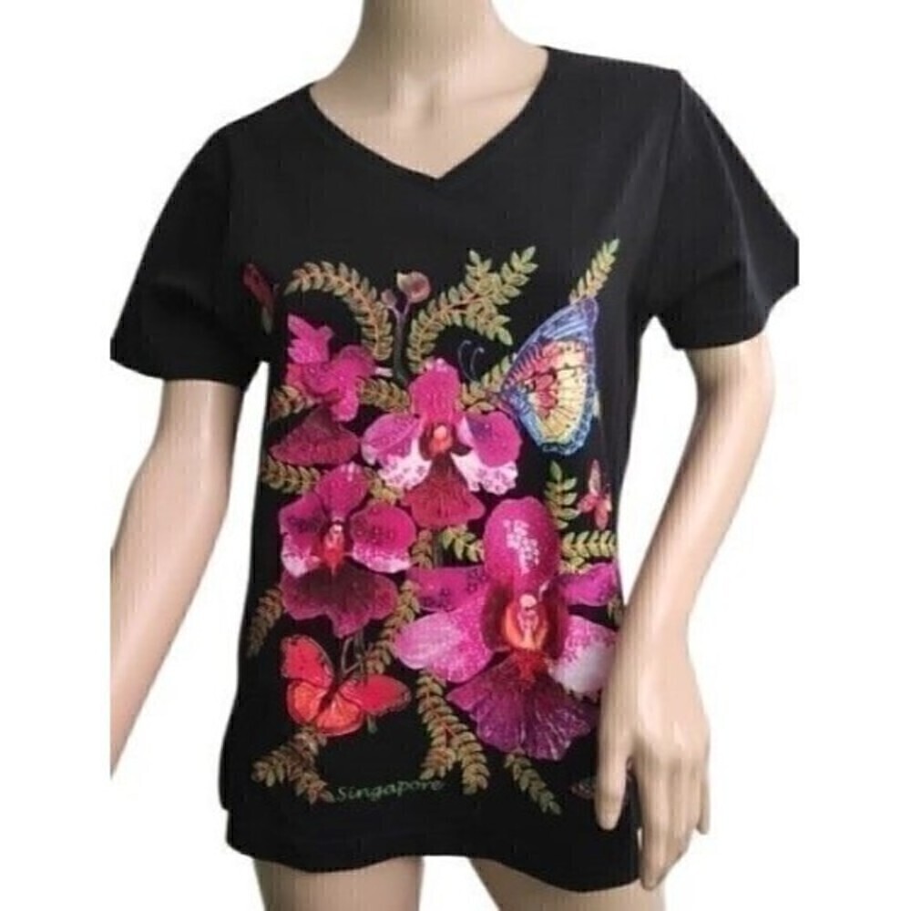 La Belle T-Shirt Flower Butterfly Black Top V Neck Short Sleeves 3XL Tee